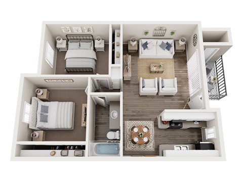 A top down view of a small apartment with two bedrooms, a living room, and a kitchen.